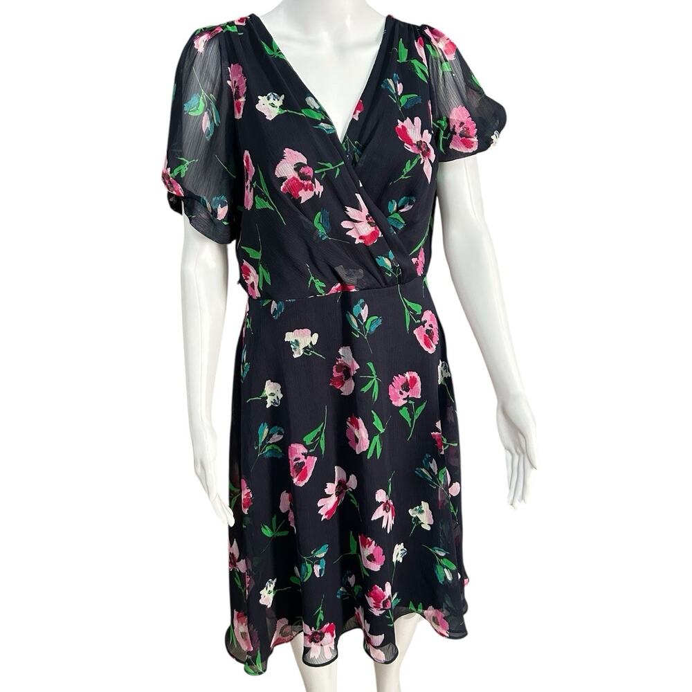 DKNY Navy Blue Floral Chiffon Wrap V-Neck Midi Dress Size 10 Preppy Professional - Picture 2 of 11